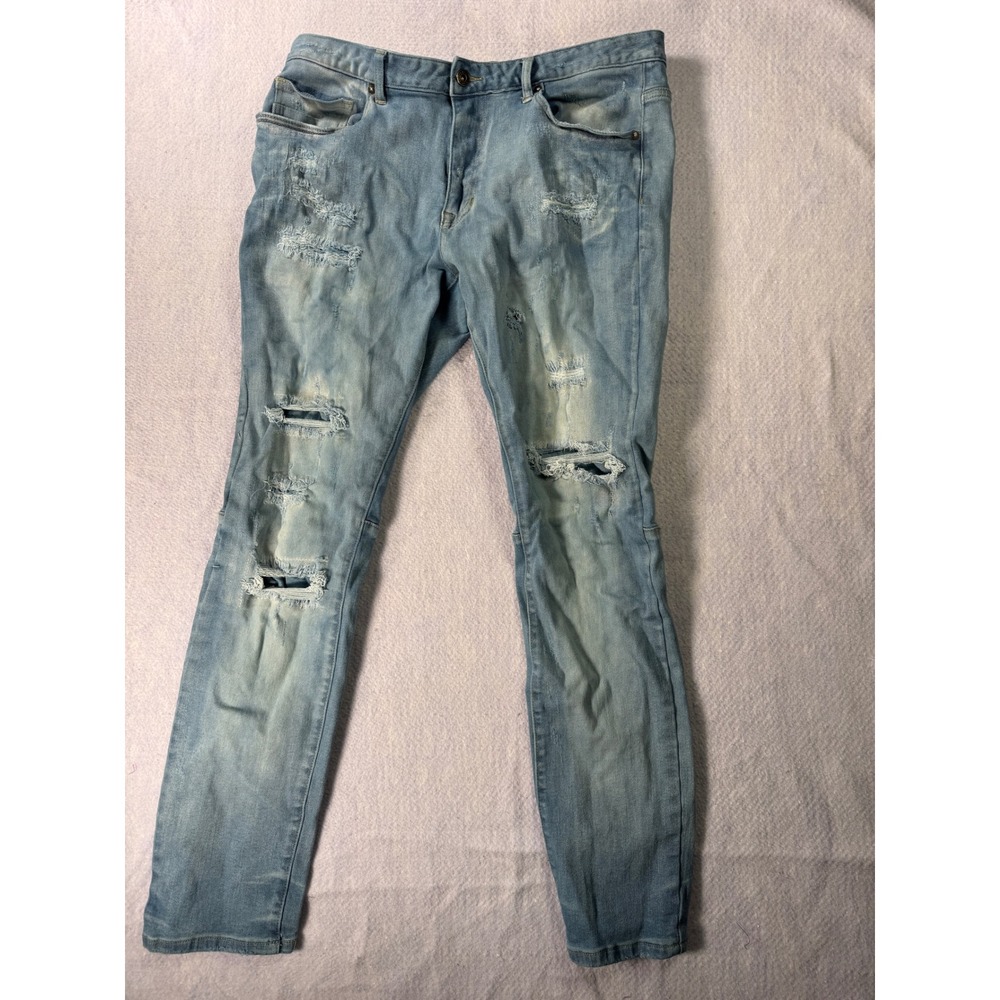 Smoke Rise Mens Distressed Slim Fit Blue Denim Jeans Light Wash 38x34 Distressed